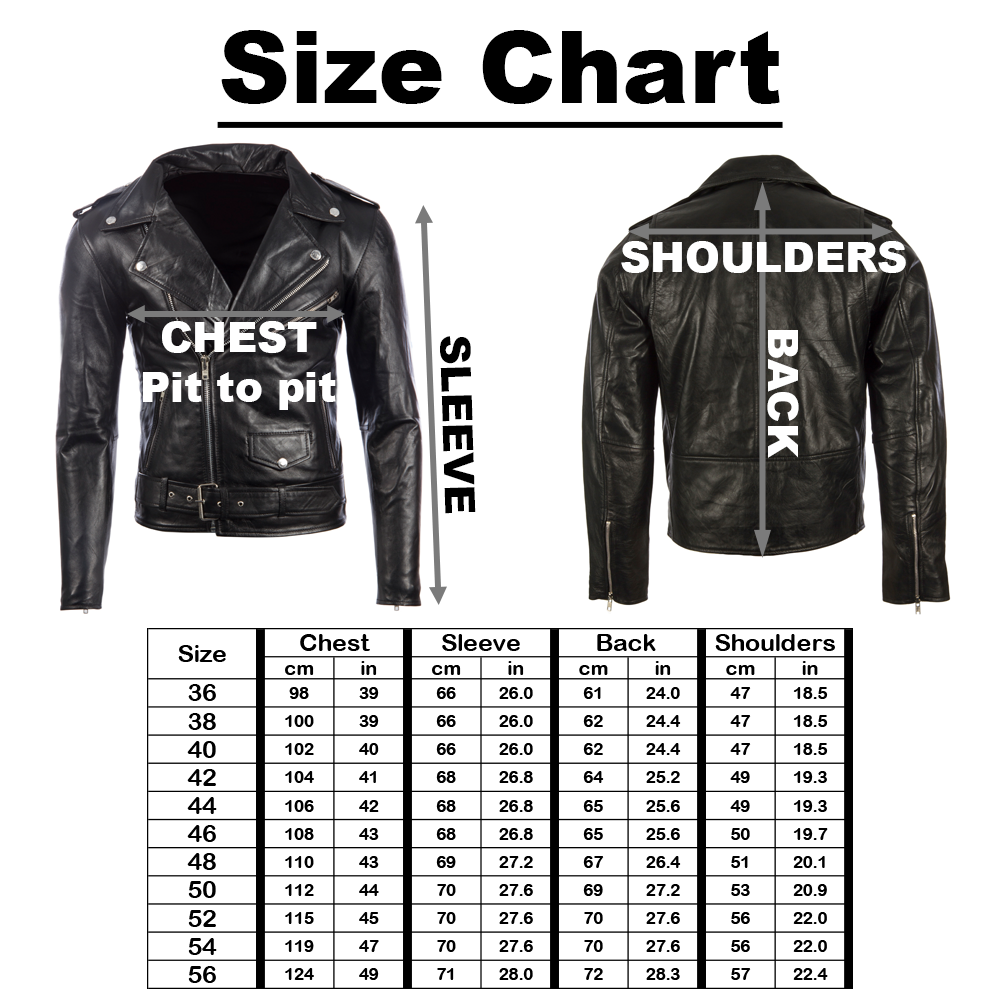 Black leather jacket size chart with measurements on a white background