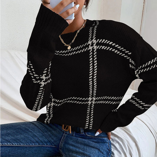 Women's Plaid Color Block Crew Neck Sweater