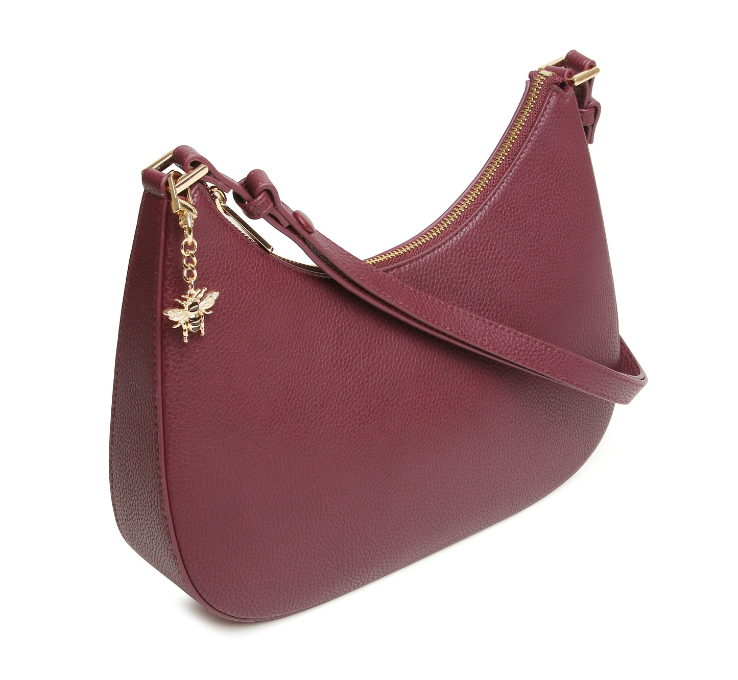 Maroon handbag with gold chain and bee charm on a white background