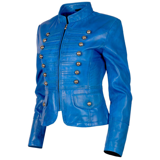 Women's Electric Blue Military Parade Leather Jacket