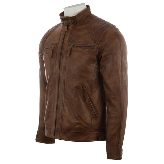 Brown leather jacket on a mannequin against a white background