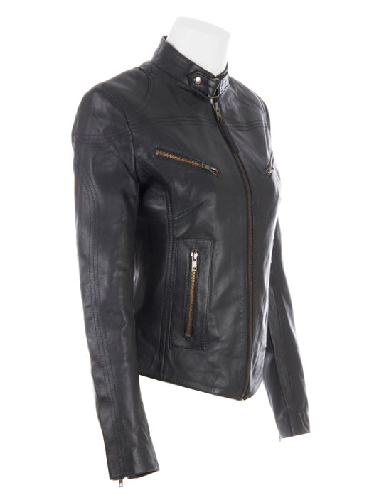 Black leather jacket on a mannequin against a white background right view