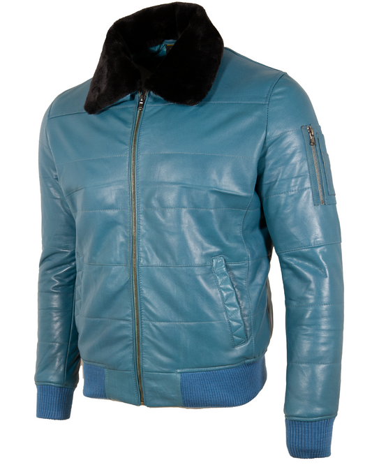 Blue leather jacket with black fur collar on a white background left view