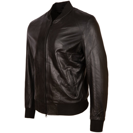 Men's Black Leather Bomber Jacket - Genuine Nappa