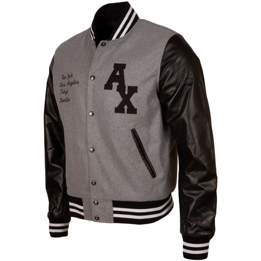 Gray and black varsity jacket with letterman design on a white background