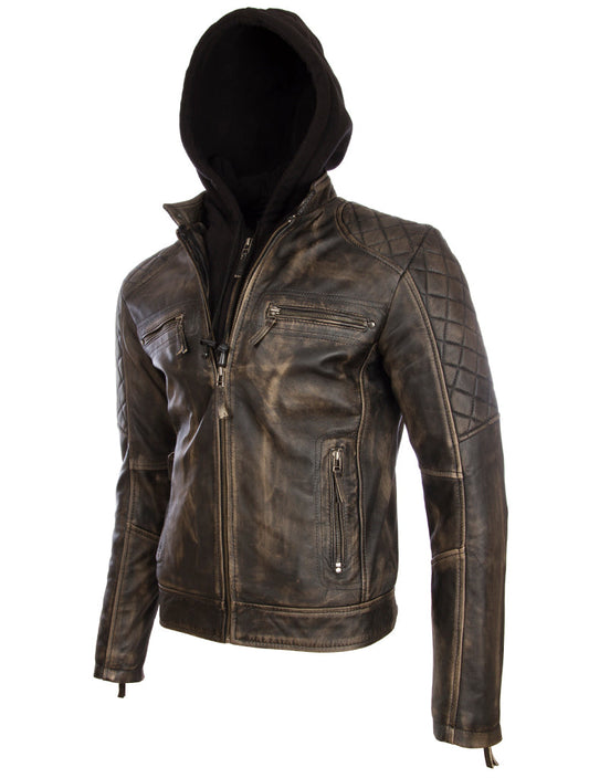 Men's Black Hooded Biker Jacket - Nappa Leather