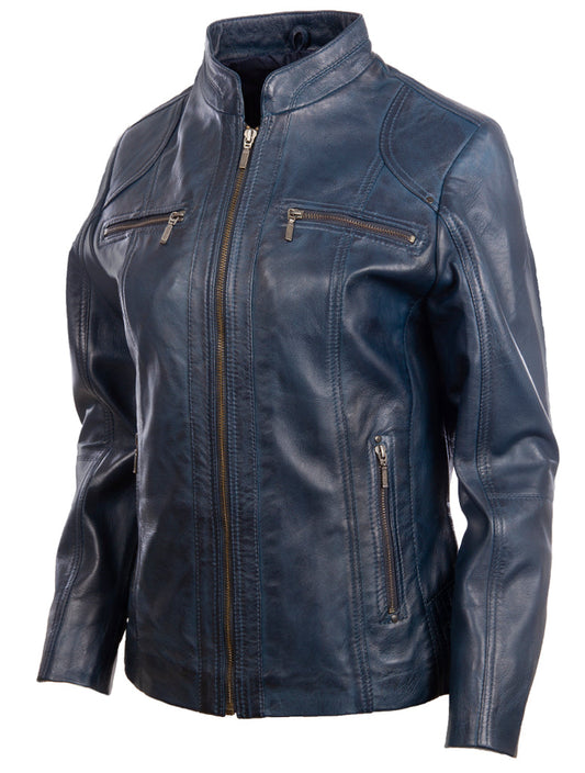 Blue leather jacket with zippers on a white background