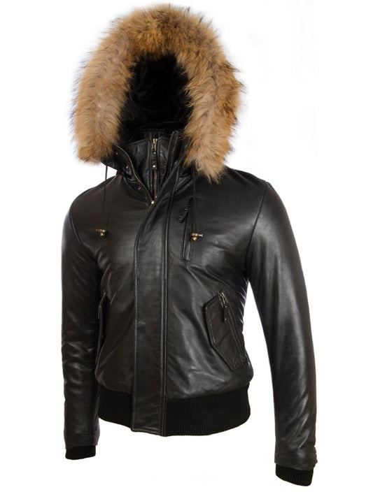 Men's Black Leather Bomber Jacket - Fur Hood