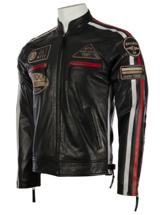 Black leather jacket with patches and red and white stripes on a mannequin against a white background left view