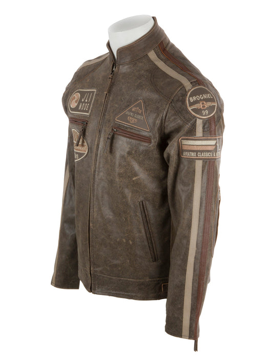 Brown leather jacket with patches on a white background