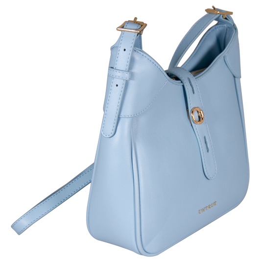 Light blue handbag with gold accents on a white background