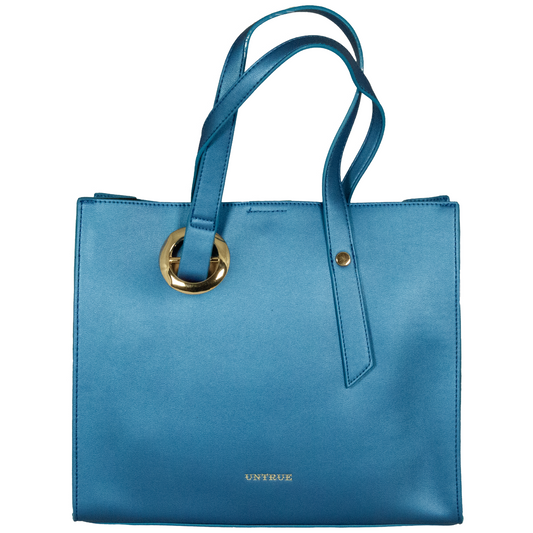 Blue tote bag with gold accents on a white background
