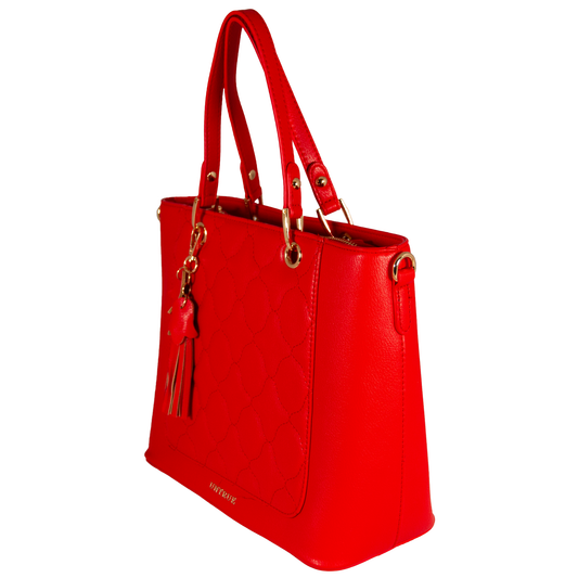 Red handbag with gold accents on a white background