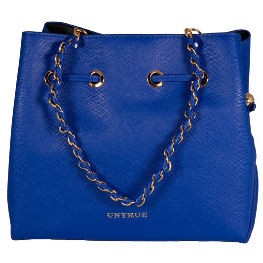Blue handbag with gold chain strap on a white background