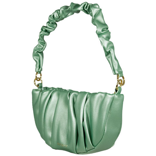 Green handbag with ruched handle on a white background
