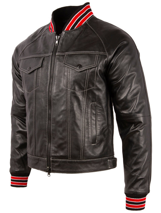 Men's Black Leather Trucker Jacket - Varsity Style