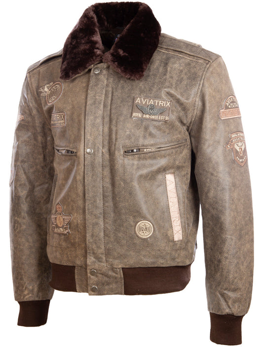 Brown aviator jacket with patches and Aviatrix branding on a white background