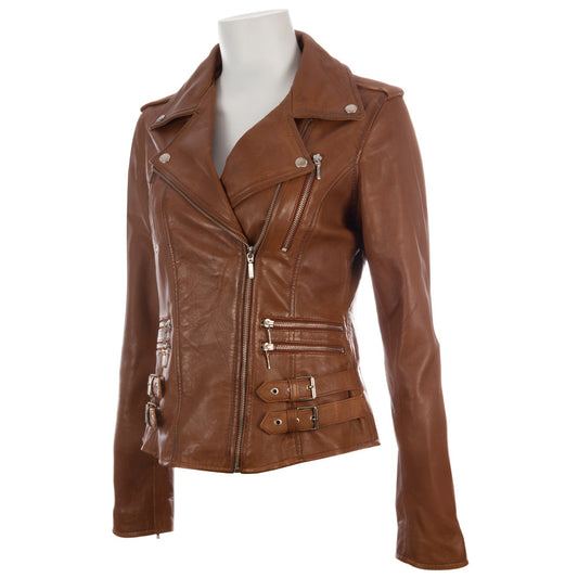 Brown leather jacket on a mannequin against a white background