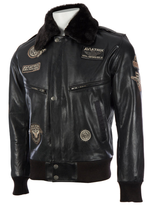 Black leather jacket with patches on a white background left view