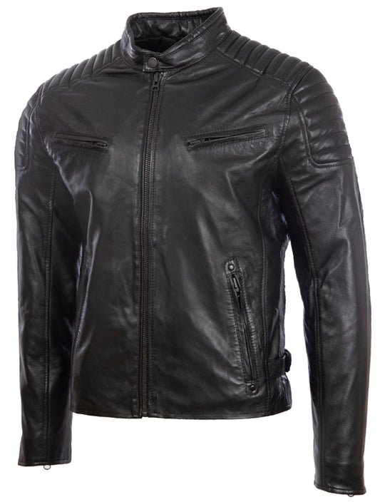 Men's Diamond Biker Leather Jacket - Black