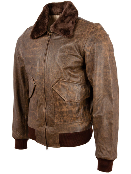 Men's Brown Vintage Cowhide Leather Bomber Jacket
