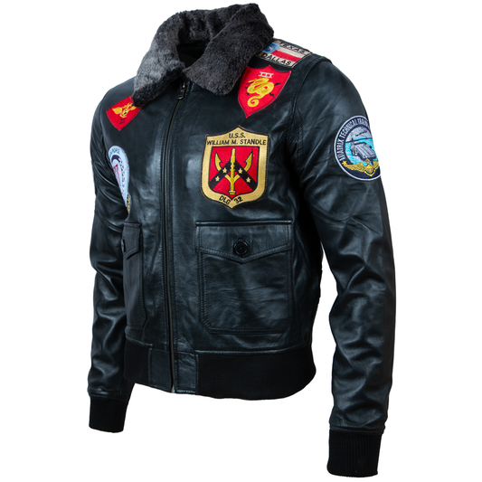 Black leather jacket with patches on a white background