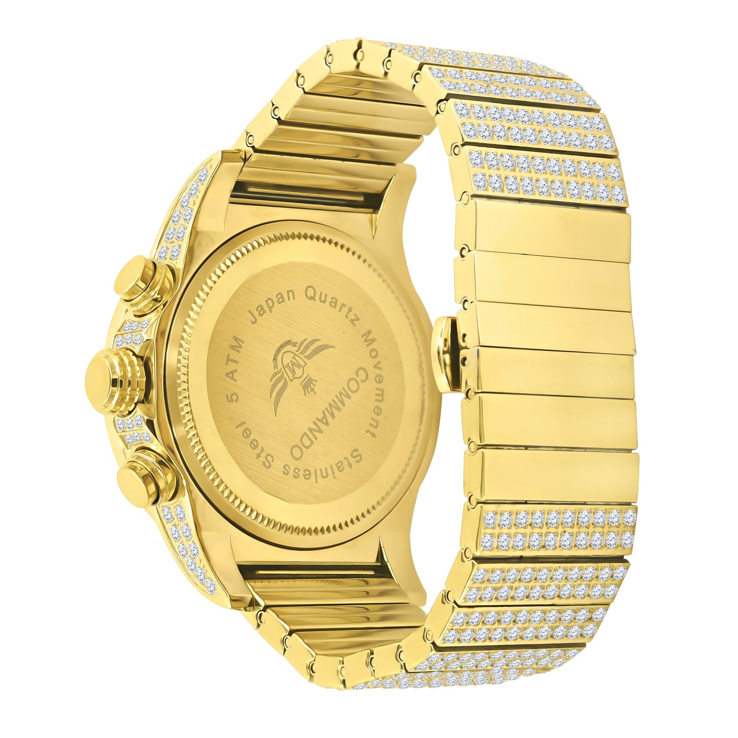 Gold watch with diamond-studded band on a white background