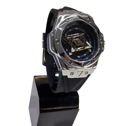 Luxury watch with a black and silver design on a white background