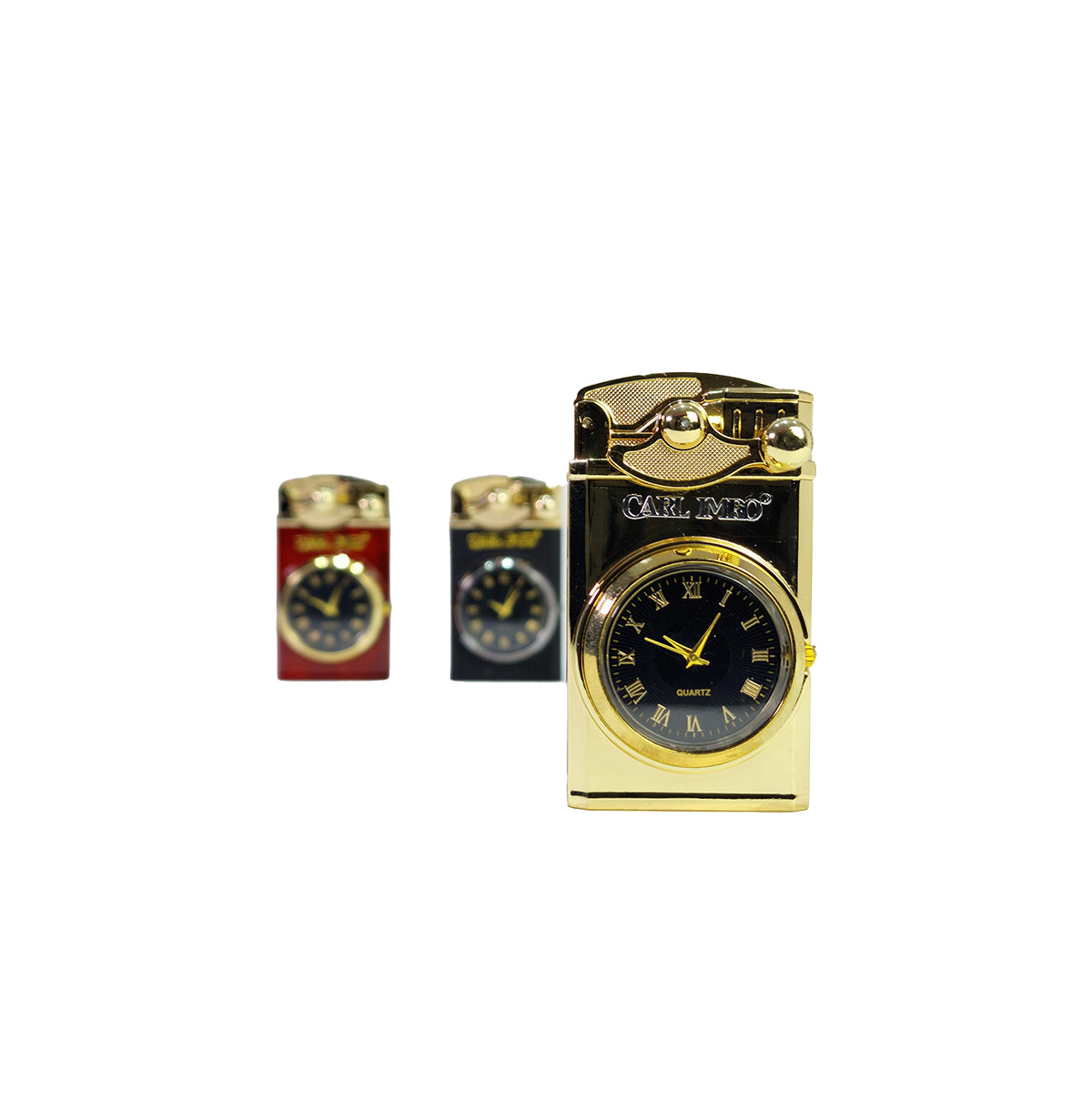 Gold lighter with clock face design on a white background