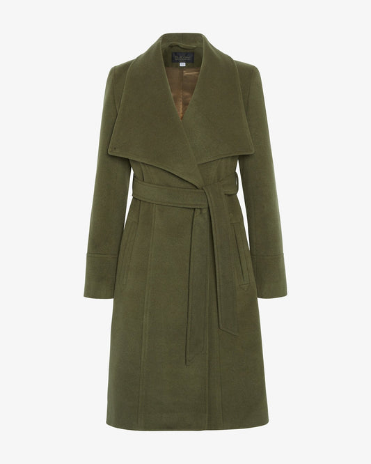 Green coat with a belt on a white background