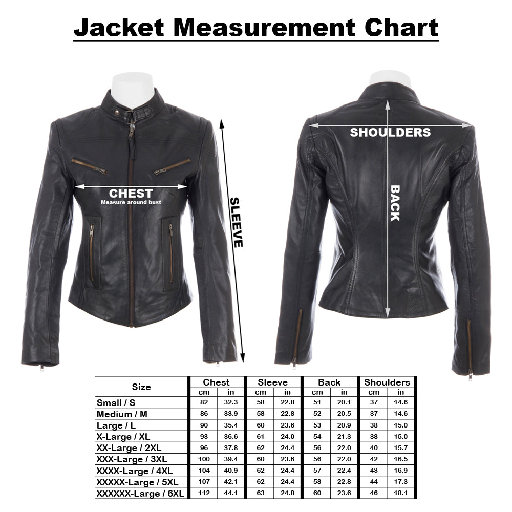 Black leather jacket with measurement chart for sizing on a white background