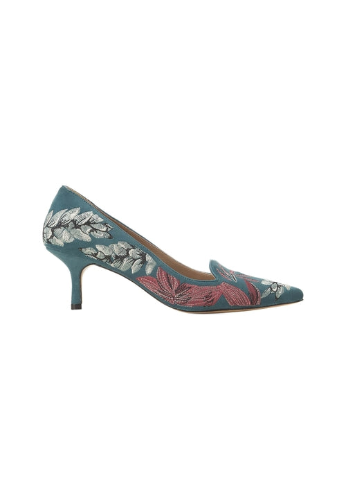 Teal high-heeled shoes with floral embroidery on a white background