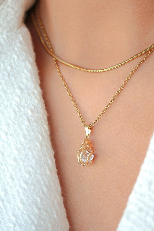 24K Gold CZ Tear Drop Cage Necklace - Dainty Cubic Zirconia Pendant Jewelry - Style Queenz