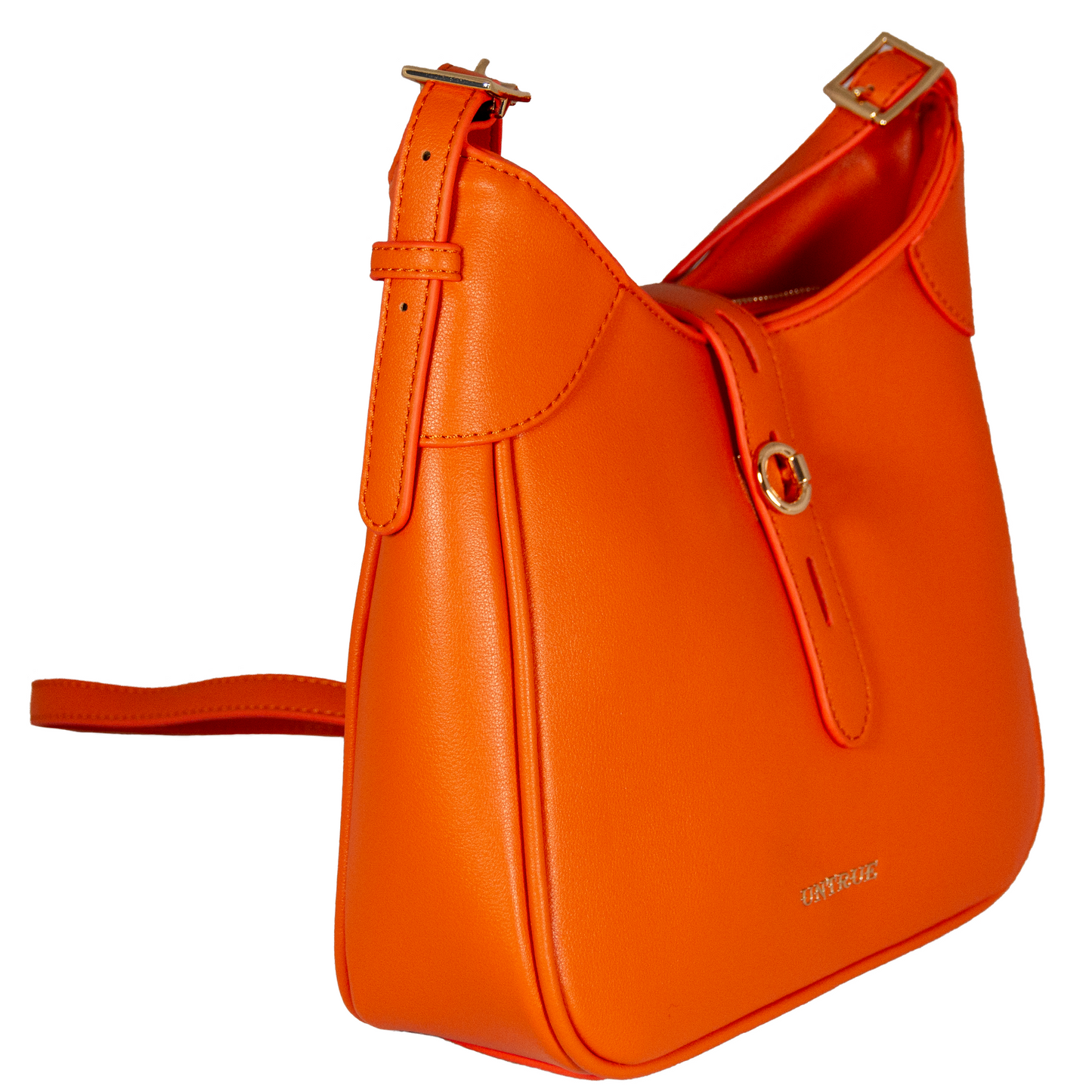 Orange handbag with gold accents on a white background