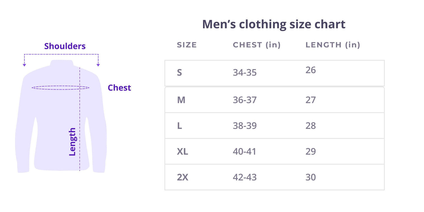 Men's clothing size chart with a long-sleeve shirt illustration on a white background