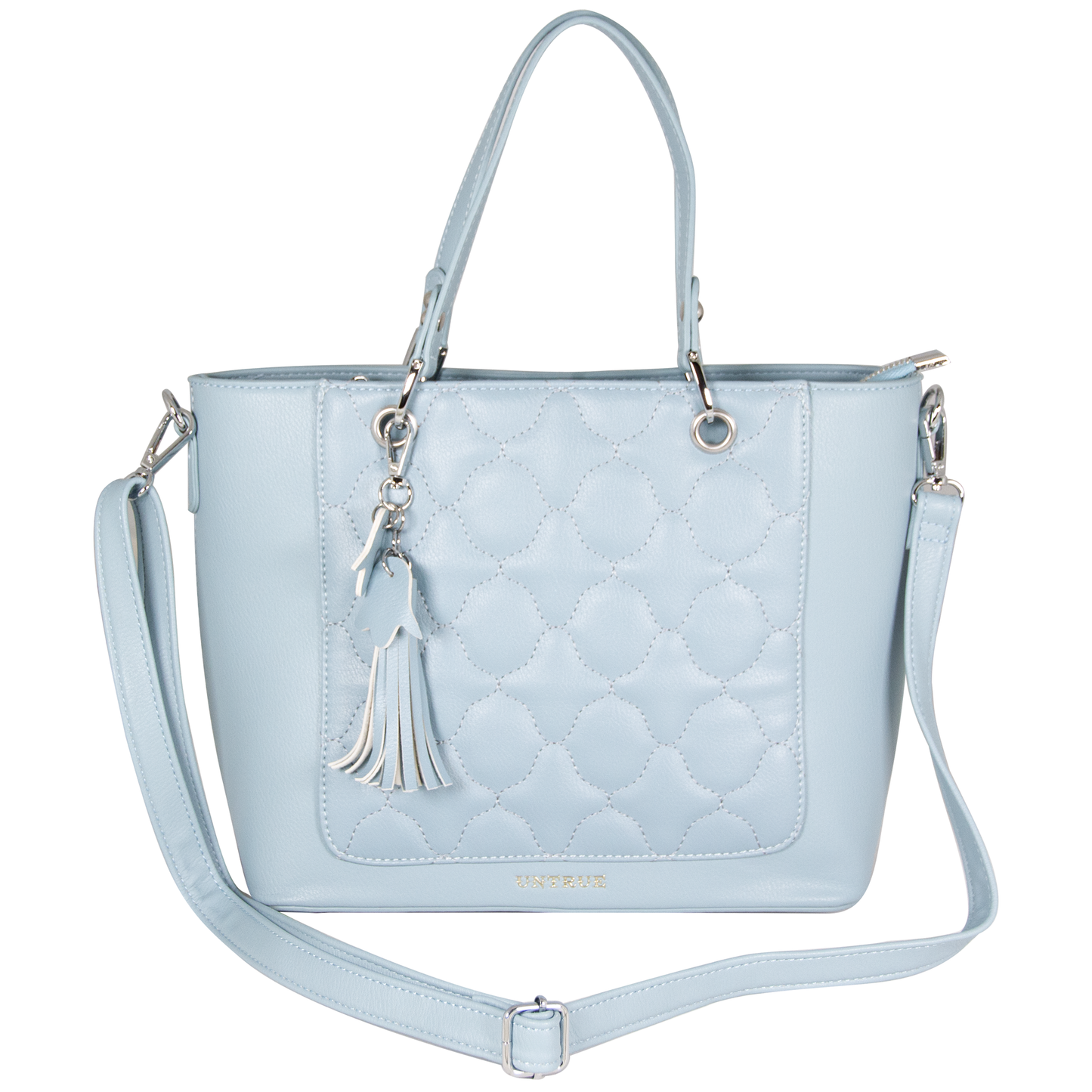 Light blue quilted handbag with a tassel on a white background