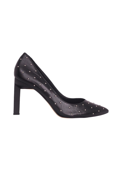Black high-heeled shoe with studded details on a white background