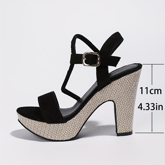 Black high-heeled sandal with a textured platform on a white background, showing measurements.