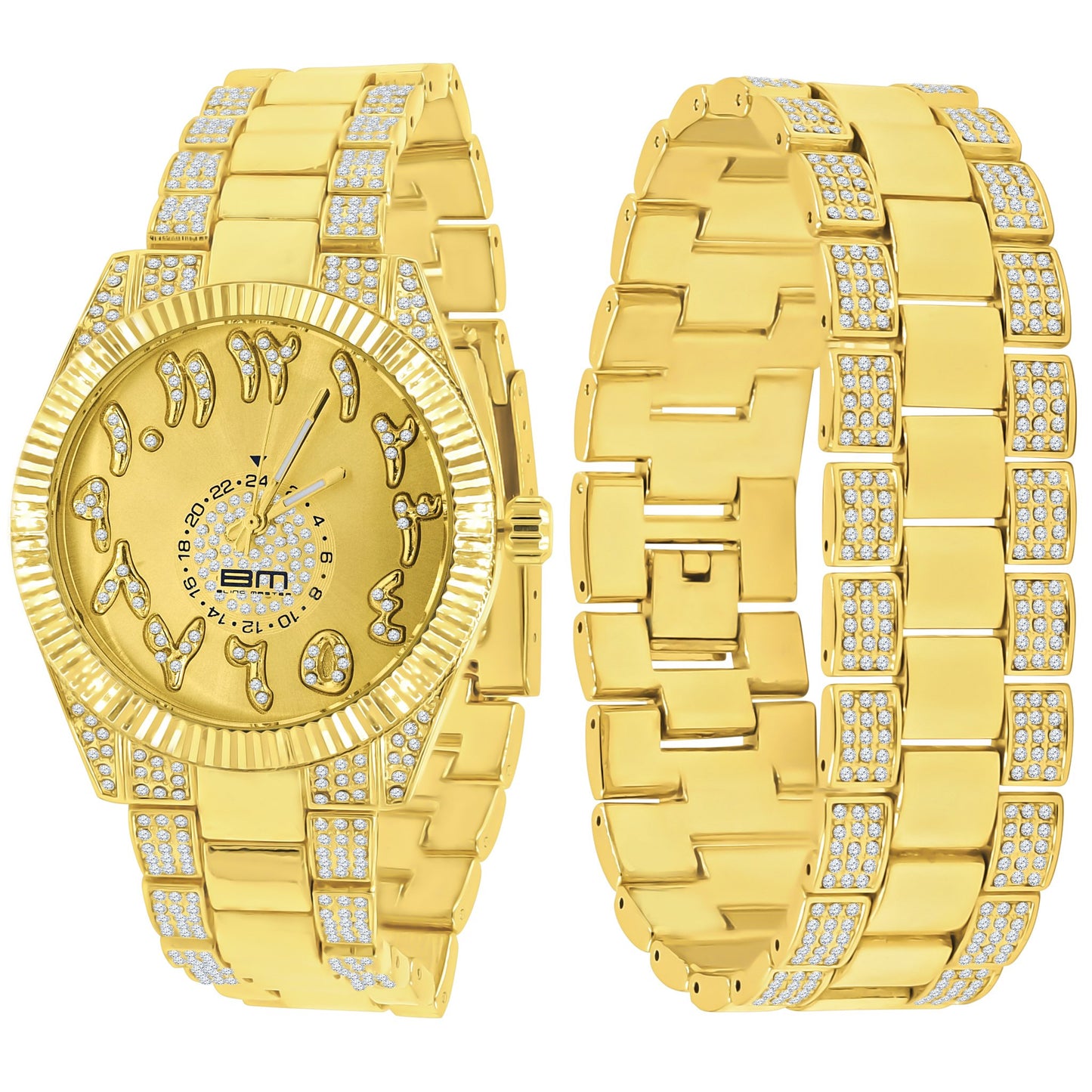 Gold watch with diamond-studded face and band on a white background