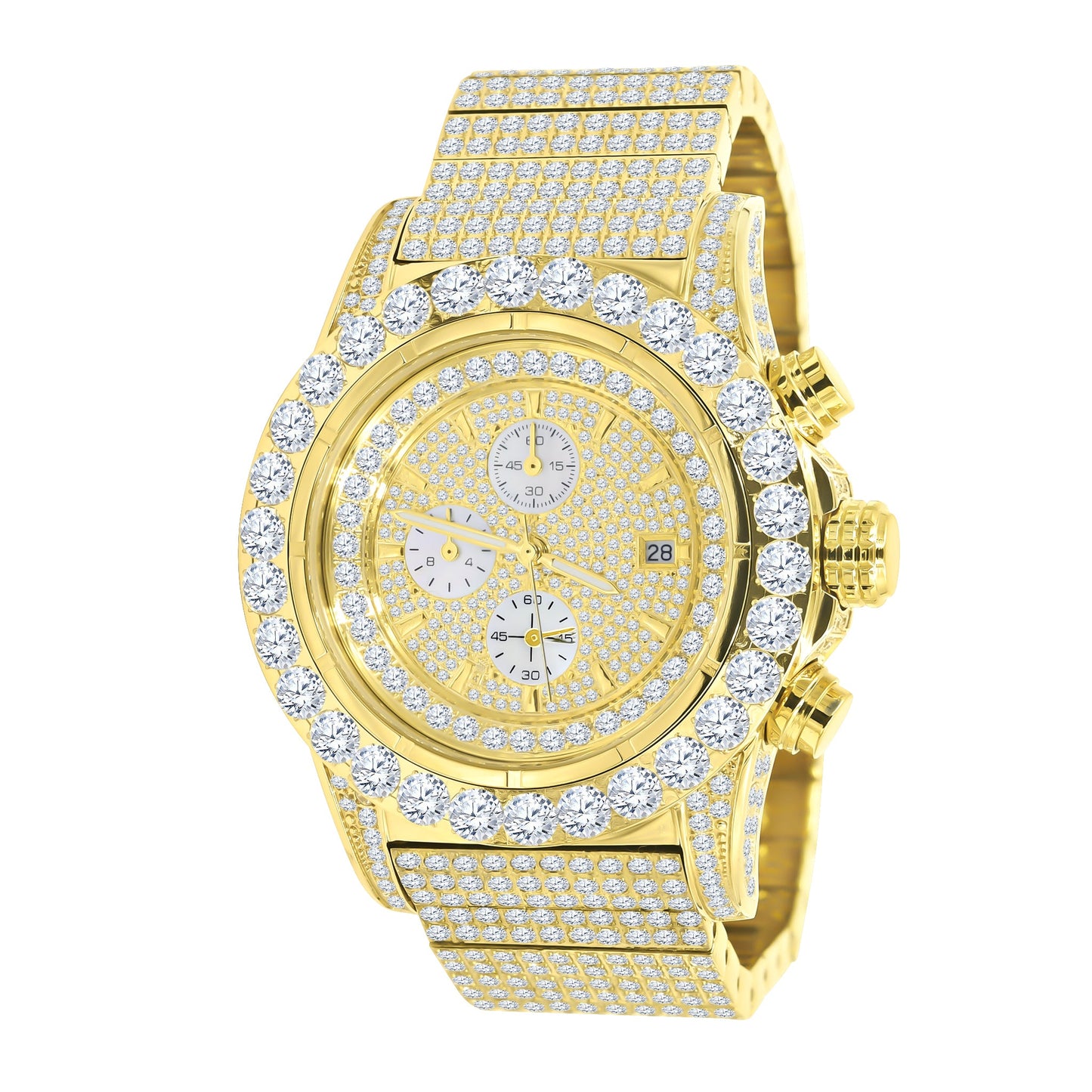 Gold watch with diamond-studded face and band on a white background