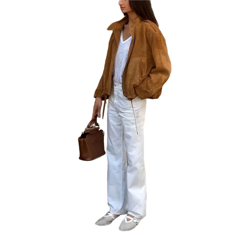 Retro Solid Color Polyester Jacket - Loose Fit
