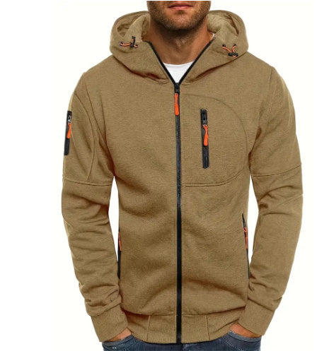 Men's Zip-Up Hooded Sweater - Solid Color Cardigan