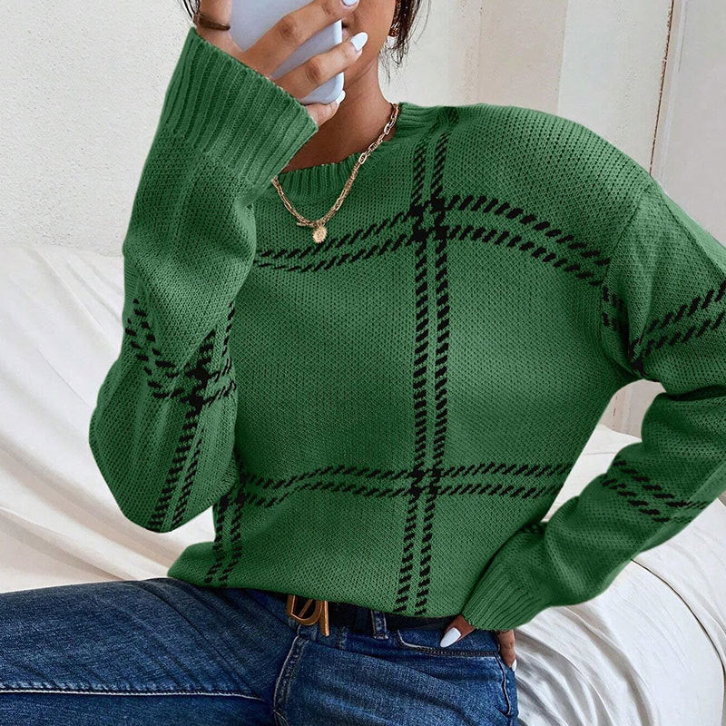 Women's Plaid Color Block Crew Neck Sweater