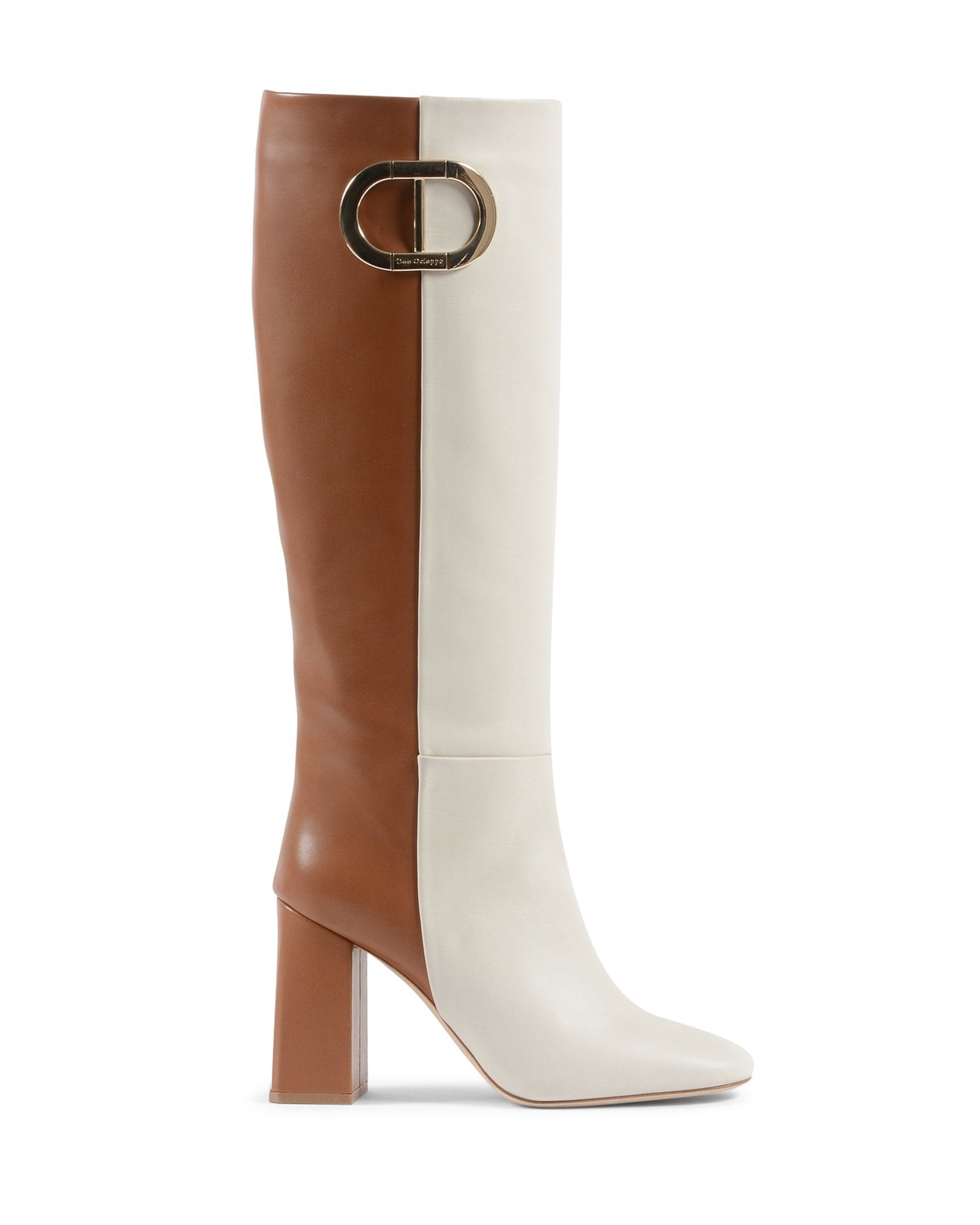 Brown and white knee-high boot with a gold buckle on a white background