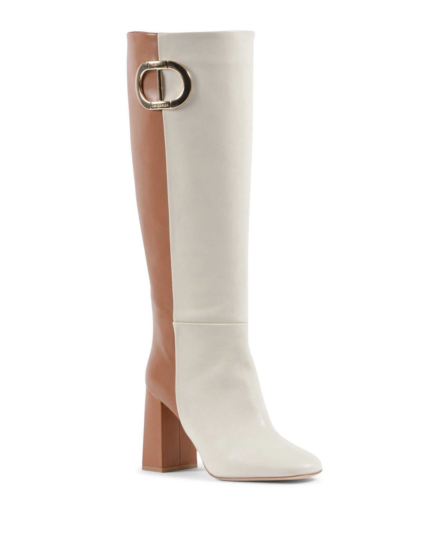 White and brown knee-high boots with a gold buckle on a white background