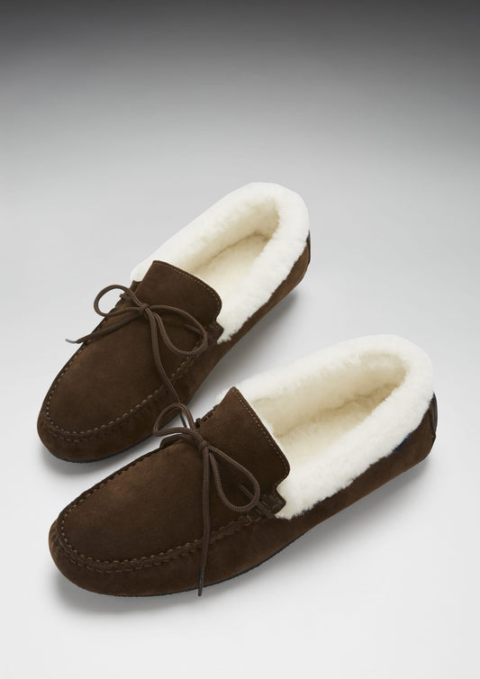 Brown suede slippers with white fur lining on a gray background
