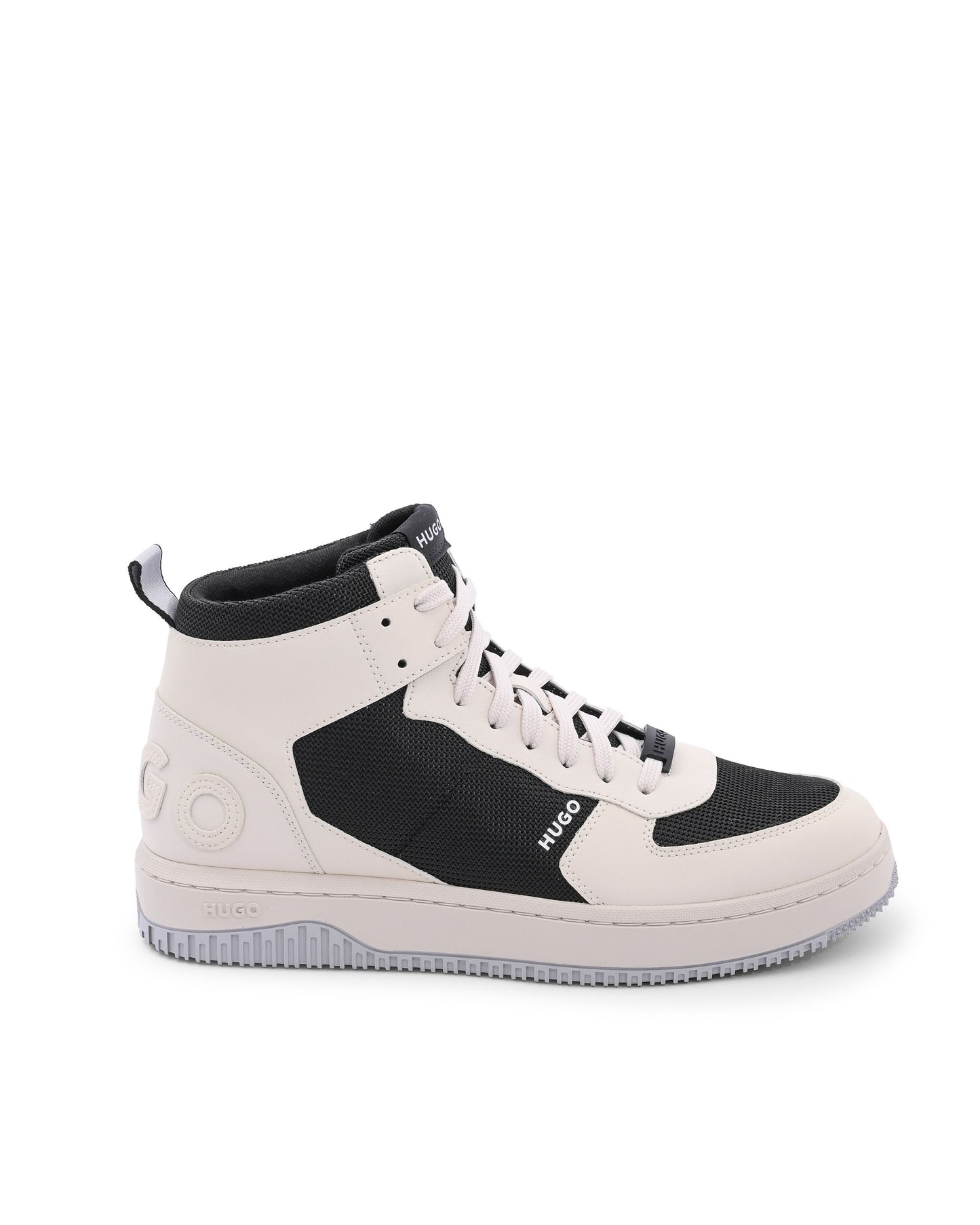 White and black sneaker with visible brand logo on a white background