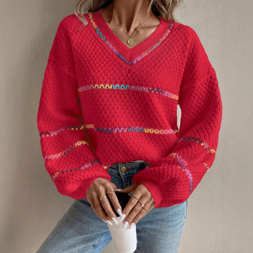 Women's V-Neck Contrast Pullover Sweater