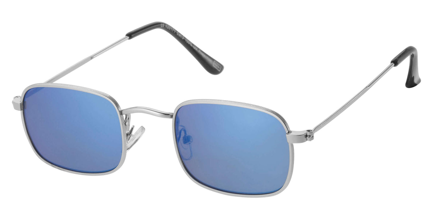 Silver-framed sunglasses with blue lenses on a white background