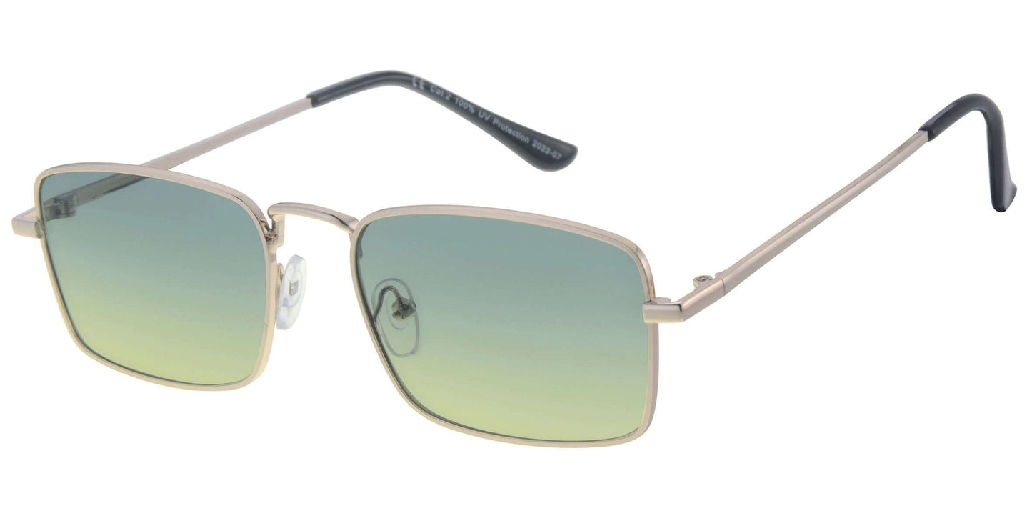 Sunglasses with gradient green lenses and metallic frame on a white background